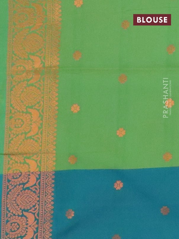 Semi soft silk saree light green and dual shade of bluish green with copper zari woven box type buttas and simple border
