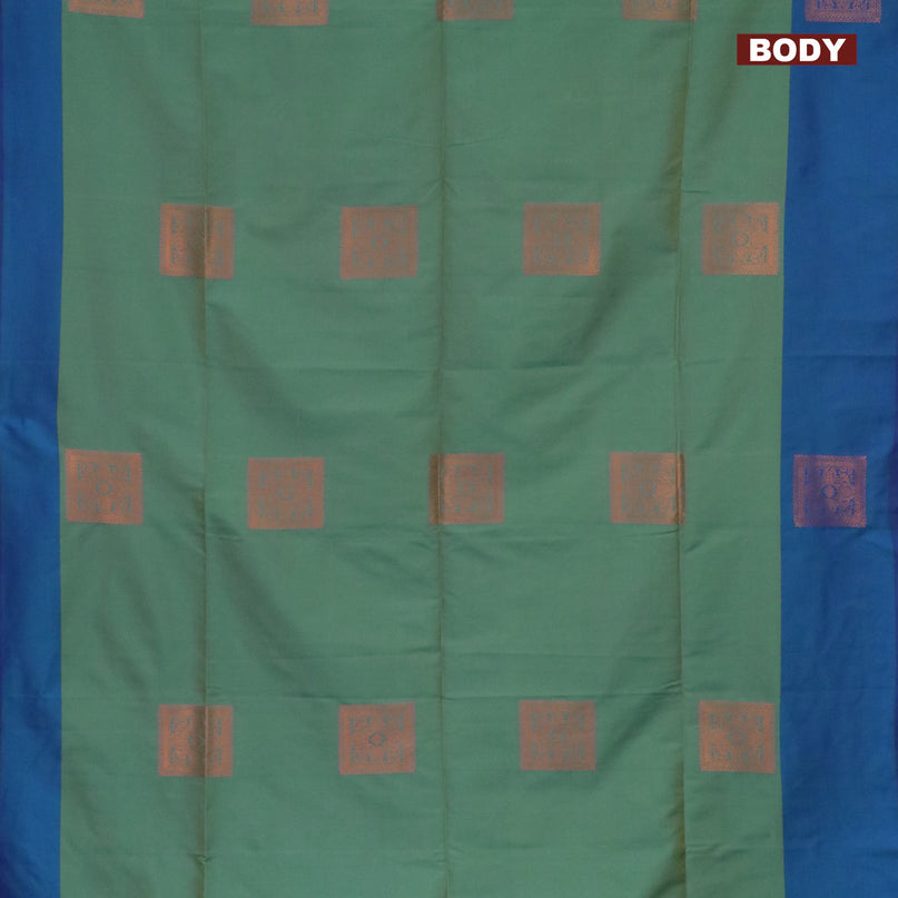 Semi soft silk saree dual shade of green and cs blue with copper zari woven box type buttas and simple border