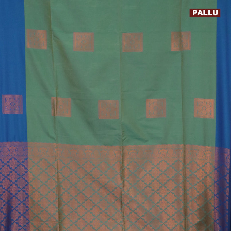 Semi soft silk saree dual shade of green and cs blue with copper zari woven box type buttas and simple border