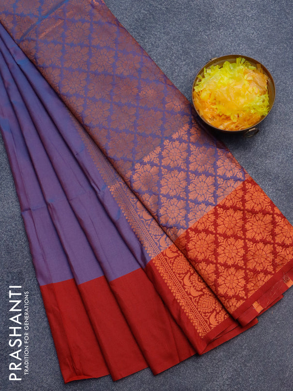Semi soft silk saree dual shade of blue and maroon with copper zari woven box type buttas and simple border