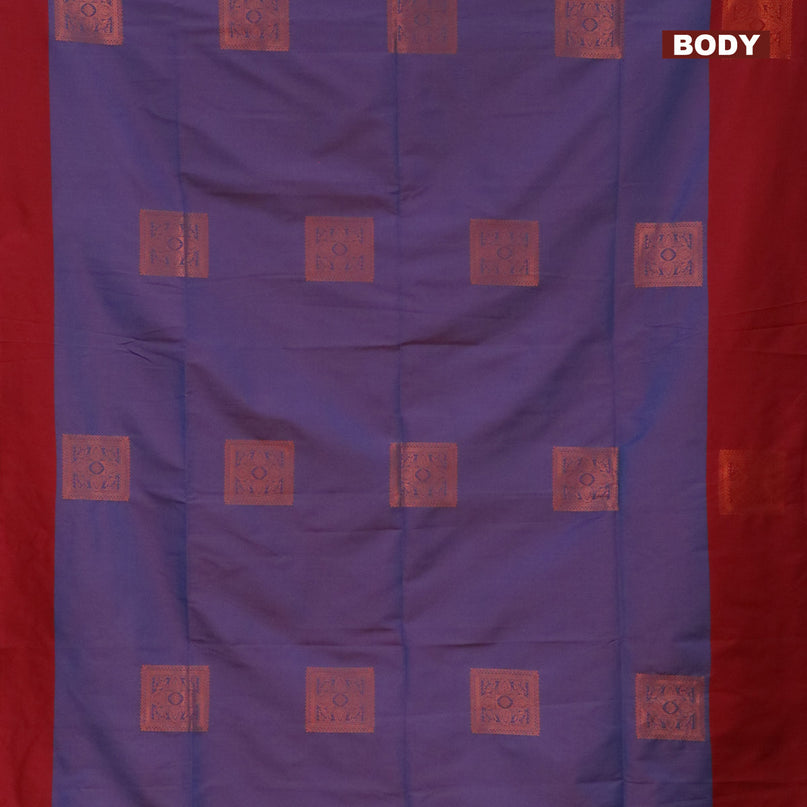 Semi soft silk saree dual shade of blue and maroon with copper zari woven box type buttas and simple border