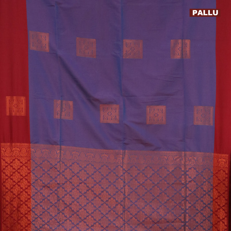 Semi soft silk saree dual shade of blue and maroon with copper zari woven box type buttas and simple border