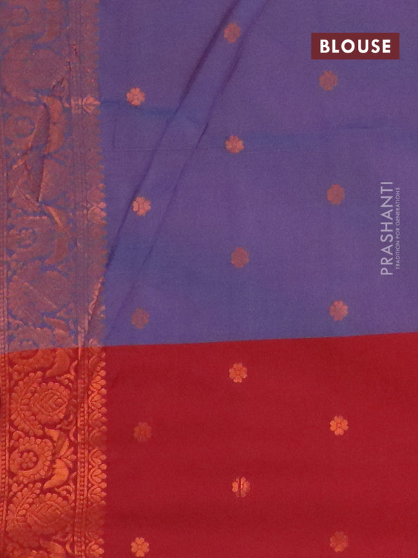 Semi soft silk saree dual shade of blue and maroon with copper zari woven box type buttas and simple border