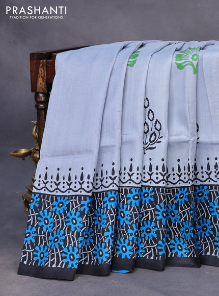 Bishnupuri silk saree grey and black with butta prints and printed border