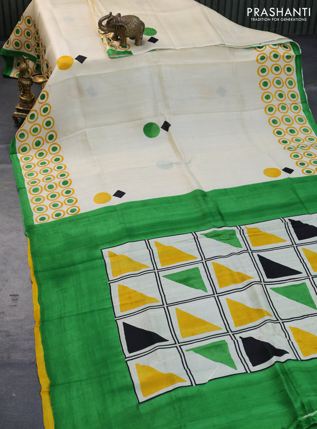 Bishnupuri silk saree cream and green with butta prints and printed border
