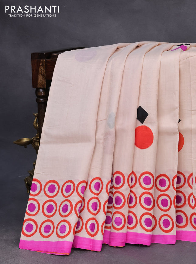 Bishnupuri silk saree cream and pink with butta prints and printed border