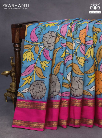 Pure kanchipuram silk saree blue and pink with allover pen kalamkari prints and temple design rettapet zari woven border