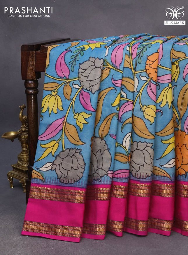 Pure kanchipuram silk saree blue and pink with allover pen kalamkari prints and temple design rettapet zari woven border