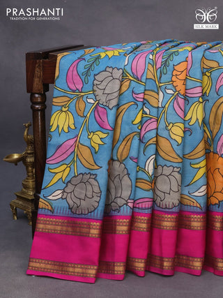 Pure kanchipuram silk saree blue and pink with allover pen kalamkari prints and temple design rettapet zari woven border