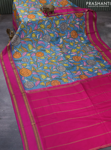 Pure kanchipuram silk saree blue and pink with allover pen kalamkari prints and temple design rettapet zari woven border