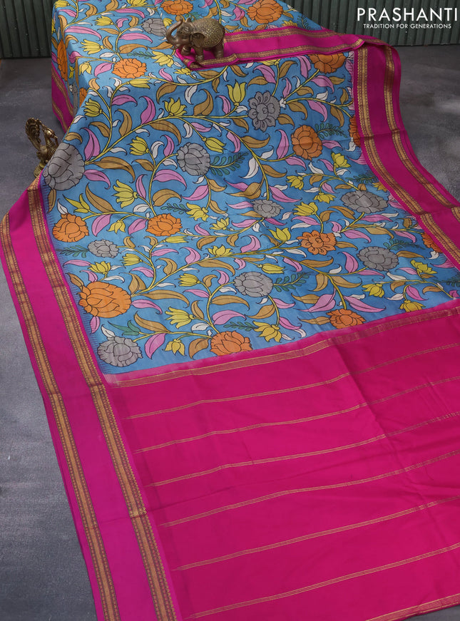 Pure kanchipuram silk saree blue and pink with allover pen kalamkari prints and temple design rettapet zari woven border