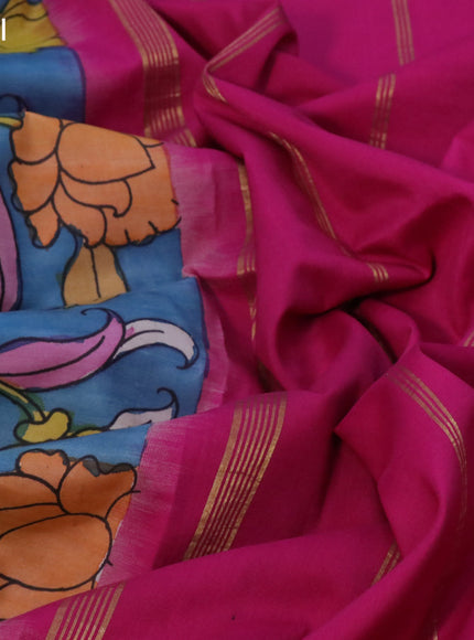 Pure kanchipuram silk saree blue and pink with allover pen kalamkari prints and temple design rettapet zari woven border
