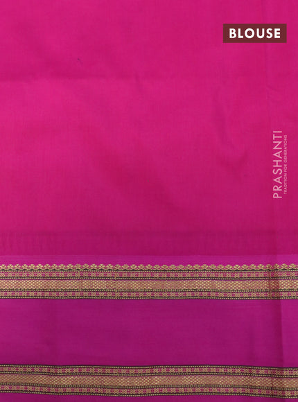 Pure kanchipuram silk saree blue and pink with allover pen kalamkari prints and temple design rettapet zari woven border