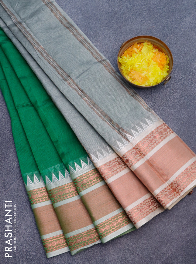 Semi mangalgiri silk saree green and grey with plain body and temple design copper zari woven border