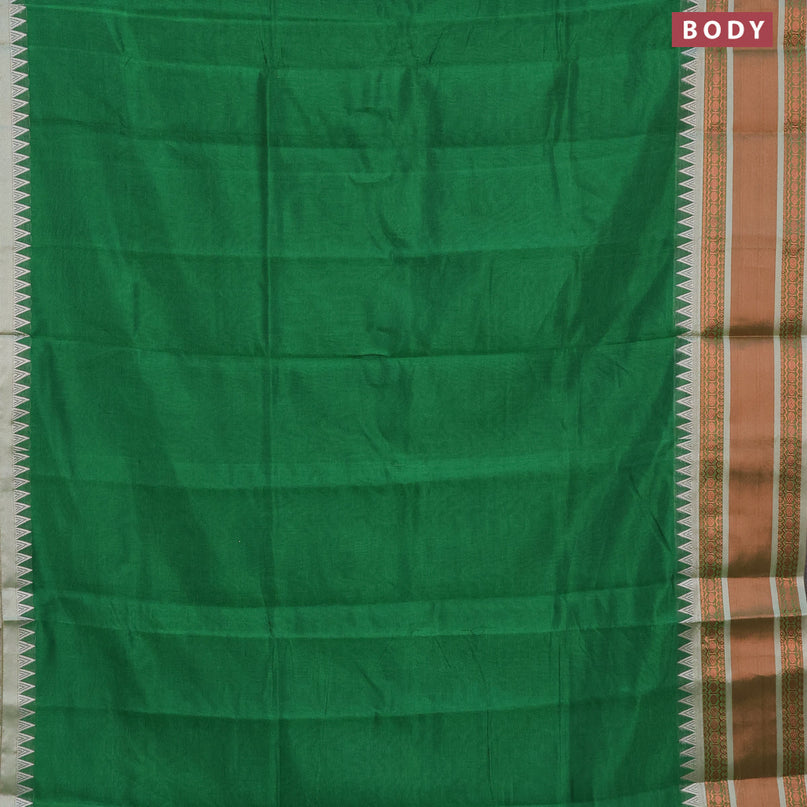 Semi mangalgiri silk saree green and grey with plain body and temple design copper zari woven border