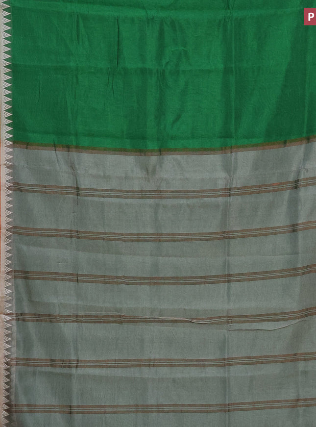 Semi mangalgiri silk saree green and grey with plain body and temple design copper zari woven border