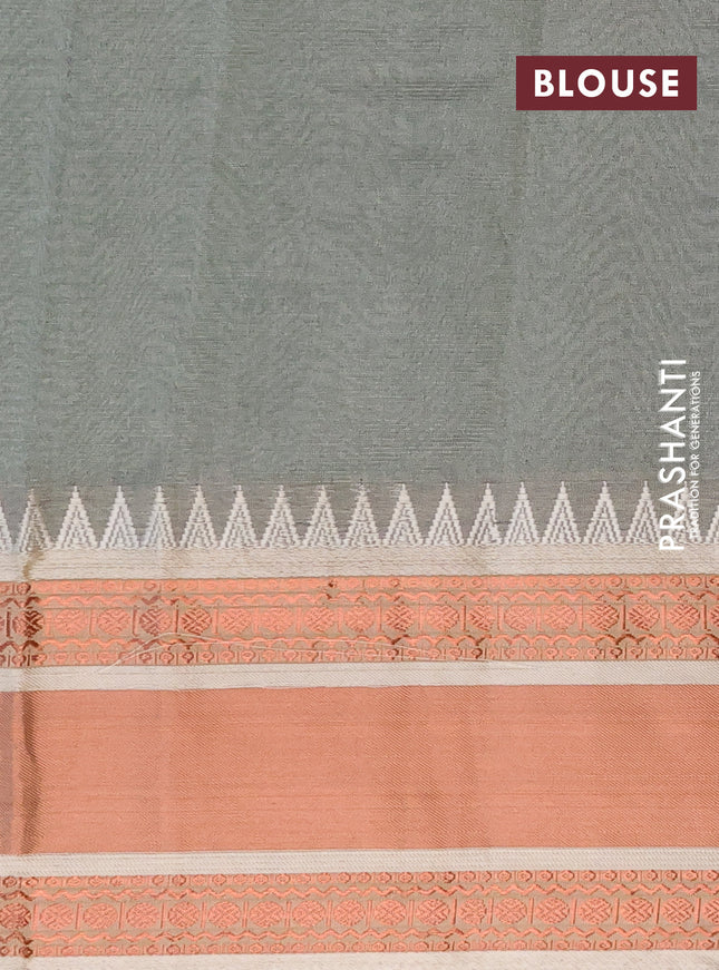 Semi mangalgiri silk saree green and grey with plain body and temple design copper zari woven border