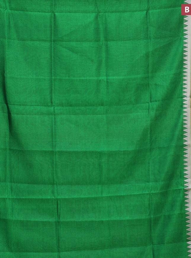 Semi mangalgiri silk saree green and grey with plain body and temple design copper zari woven border