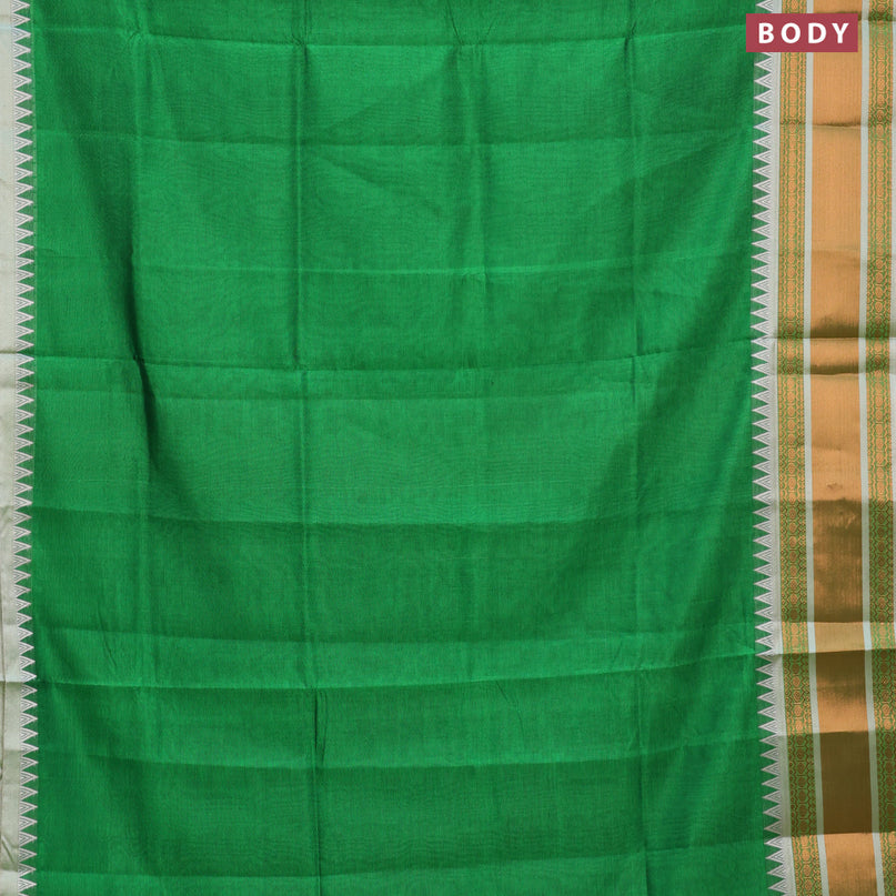 Semi mangalgiri silk saree green and grey with plain body and temple design copper zari woven border