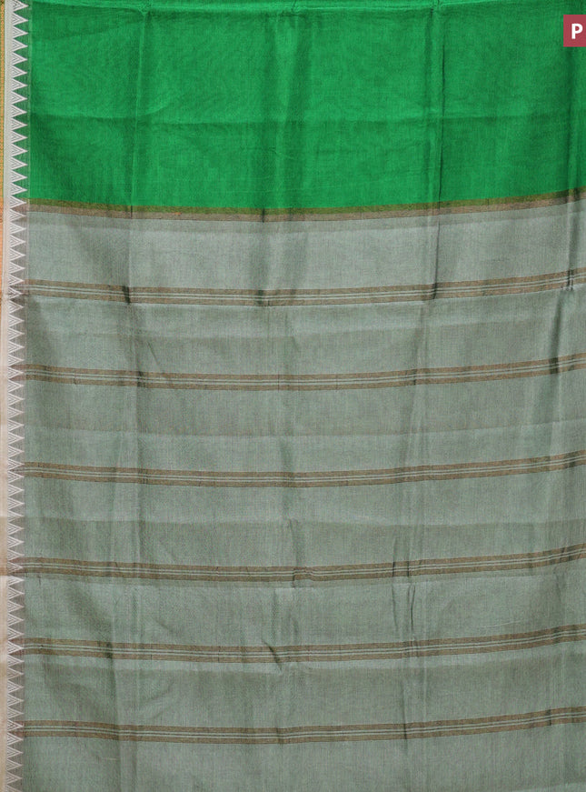 Semi mangalgiri silk saree green and grey with plain body and temple design copper zari woven border