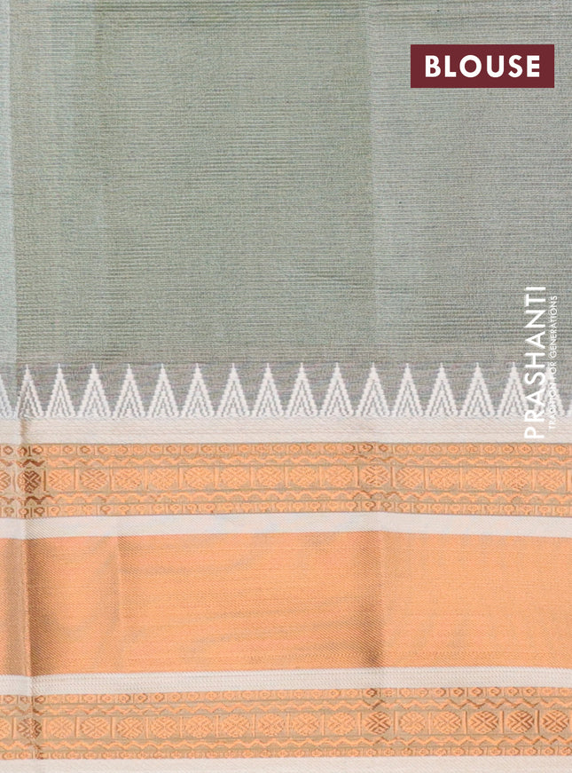 Semi mangalgiri silk saree green and grey with plain body and temple design copper zari woven border