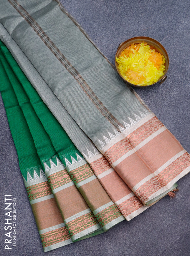 Semi mangalgiri silk saree green and grey shade with plain body and temple design copper zari woven border