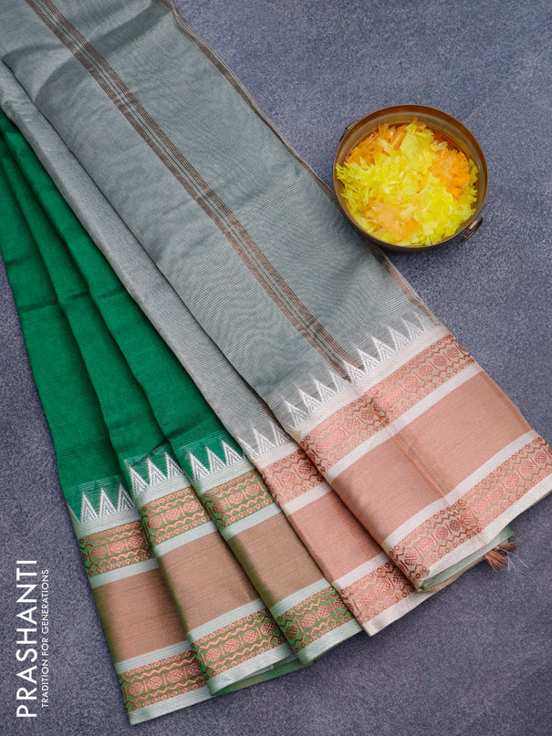Semi mangalgiri silk saree green and grey shade with plain body and temple design copper zari woven border