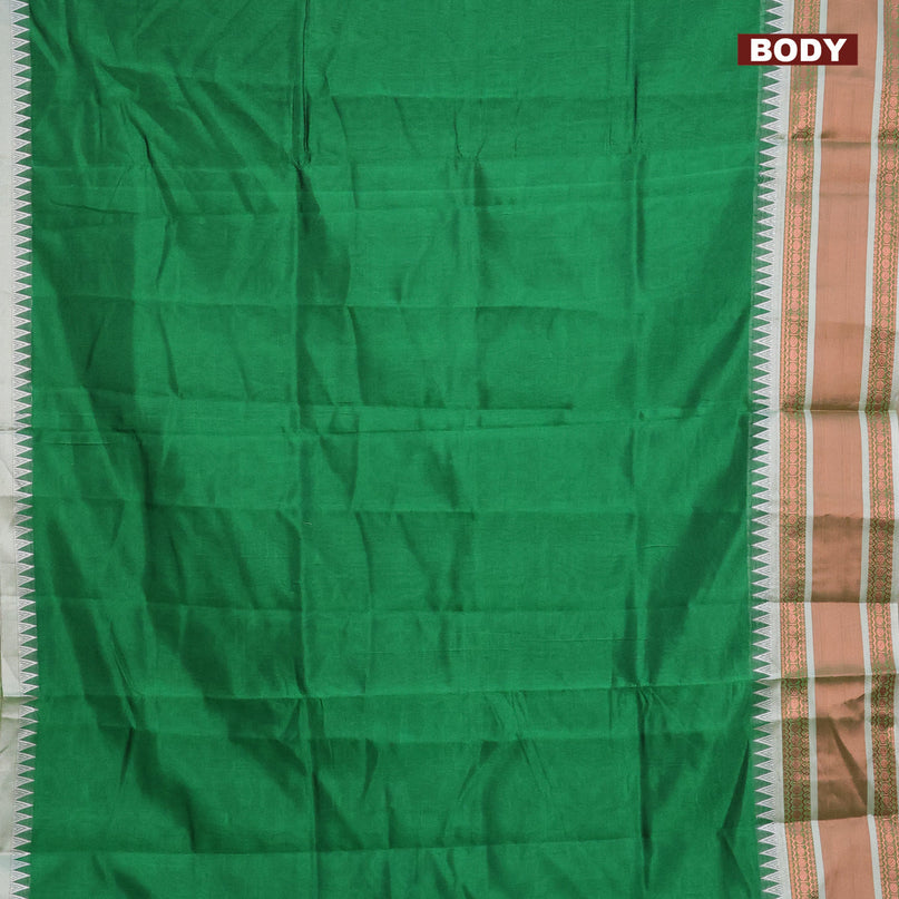 Semi mangalgiri silk saree green and grey shade with plain body and temple design copper zari woven border