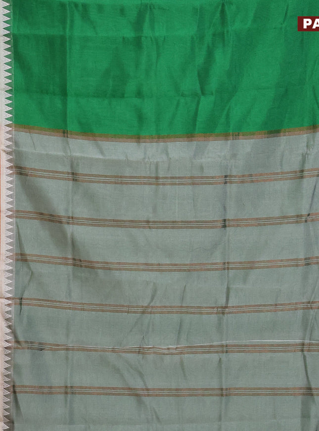 Semi mangalgiri silk saree green and grey shade with plain body and temple design copper zari woven border