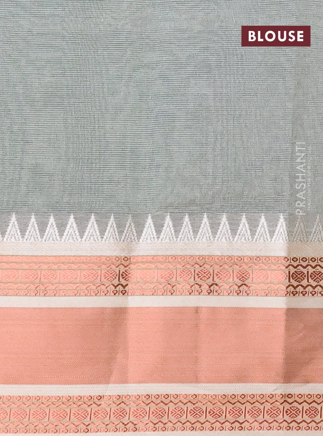 Semi mangalgiri silk saree green and grey shade with plain body and temple design copper zari woven border