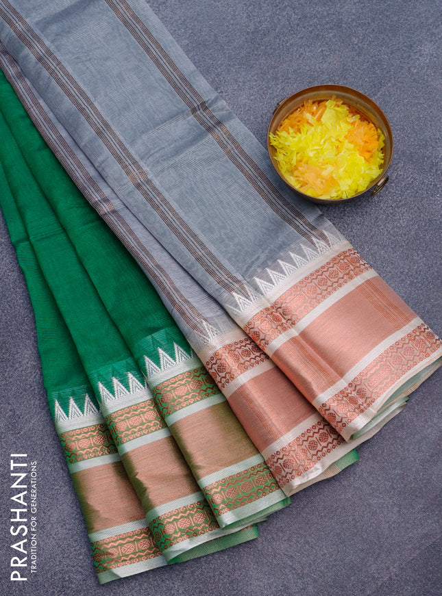 Semi mangalgiri silk saree green and grey with plain body and temple design copper zari woven border