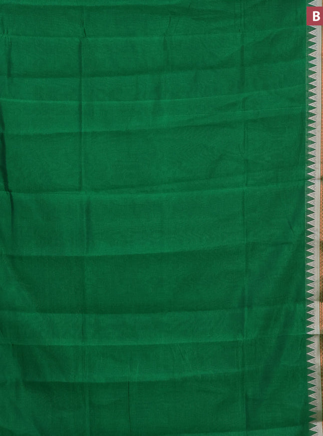 Semi mangalgiri silk saree green and grey with plain body and temple design copper zari woven border
