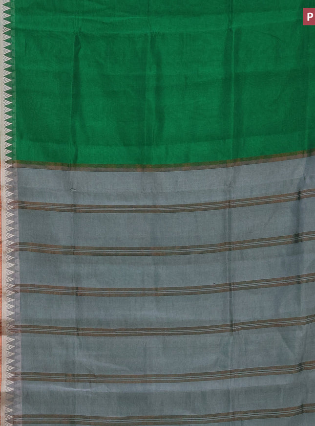 Semi mangalgiri silk saree green and grey with plain body and temple design copper zari woven border