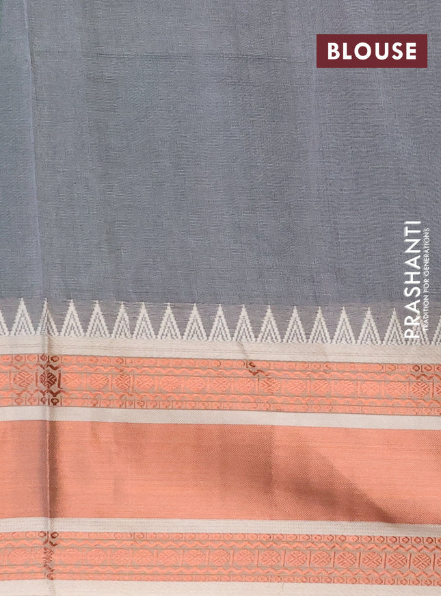 Semi mangalgiri silk saree green and grey with plain body and temple design copper zari woven border