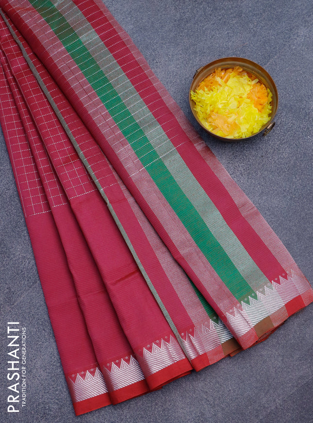 Semi mangalgiri silk saree dark magenta pink and green with allover silver zari checked pattern and silver zari woven border