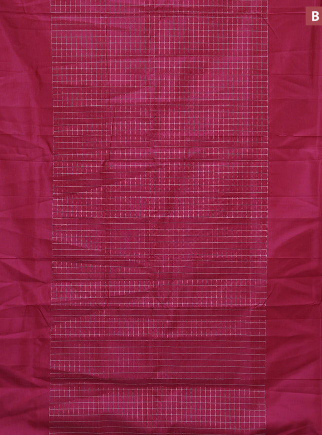 Semi mangalgiri silk saree dark magenta pink and green with allover silver zari checked pattern and silver zari woven border