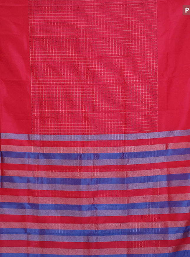 Semi mangalgiri silk saree dual shade of pink and dual shade of cs blue with allover silver zari checked pattern and silver zari woven border