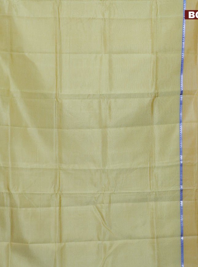 Semi mangalgiri silk saree dual shade of pista greenish yellow and dual shade of blue with plain body and long silver zari woven border