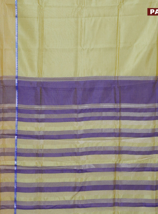 Semi mangalgiri silk saree dual shade of pista greenish yellow and dual shade of blue with plain body and long silver zari woven border
