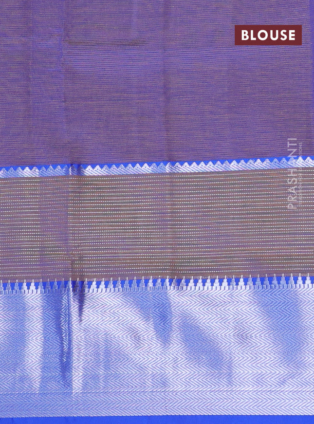 Semi mangalgiri silk saree dual shade of pista greenish yellow and dual shade of blue with plain body and long silver zari woven border