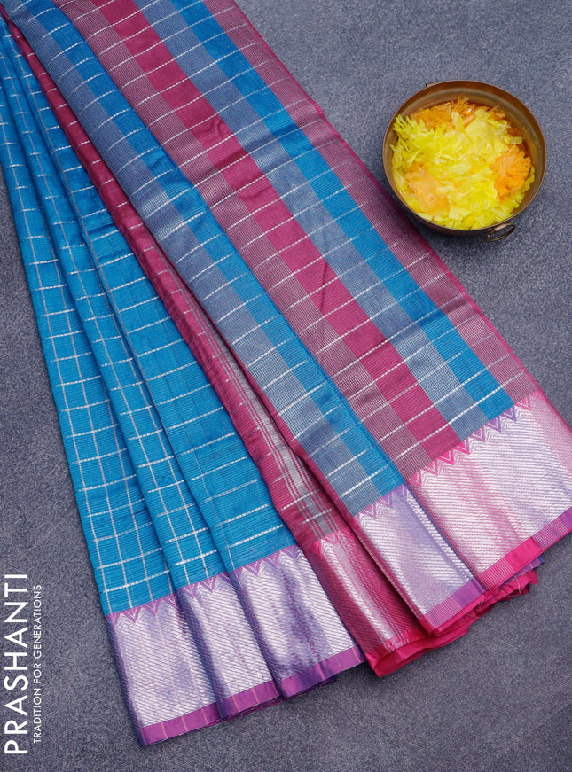 Semi mangalgiri silk saree cs blue and pink with allover silver zari checked pattern and silver zari woven border