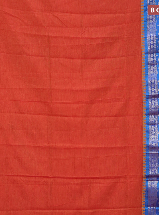 Semi mangalgiri silk saree dual shade of sunset orange and blue with plain body and long temple design silver zari woven border