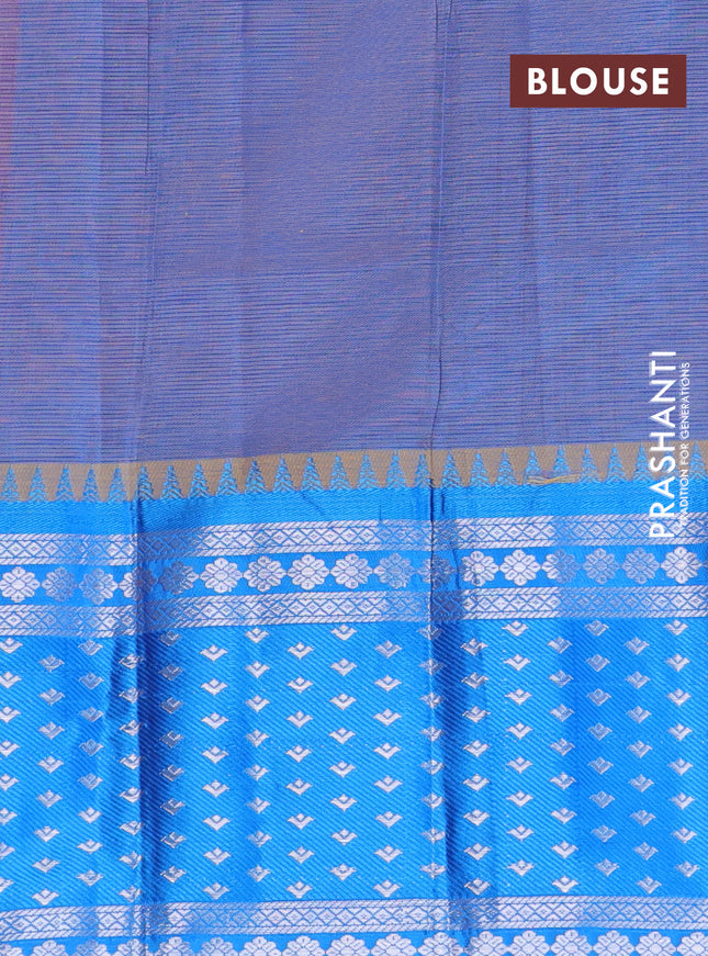 Semi mangalgiri silk saree dual shade of sunset orange and blue with plain body and long temple design silver zari woven border