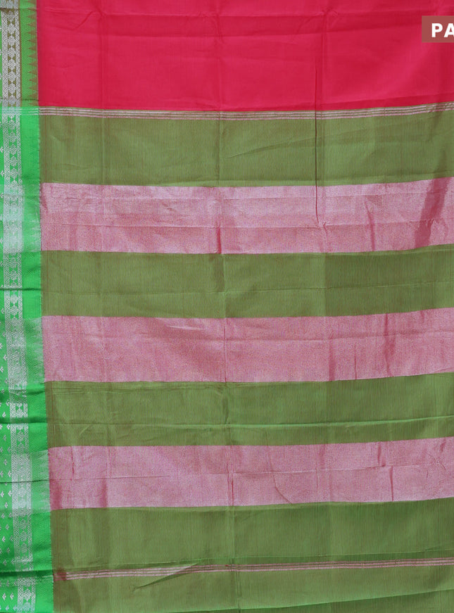 Semi mangalgiri silk saree dark pink and green with plain body and long temple design silver zari woven border