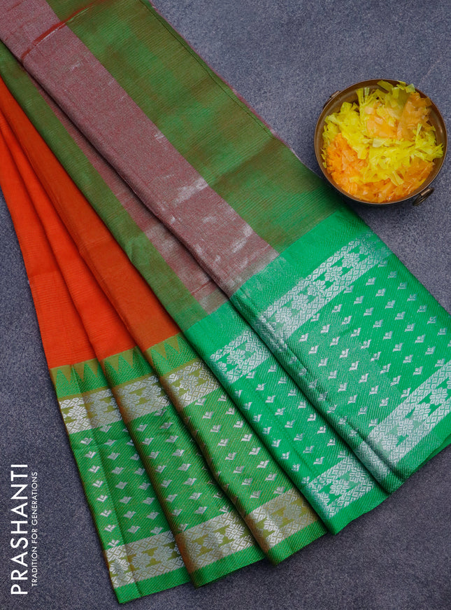 Semi mangalgiri silk saree orange and green with plain body and long temple design silver zari woven border
