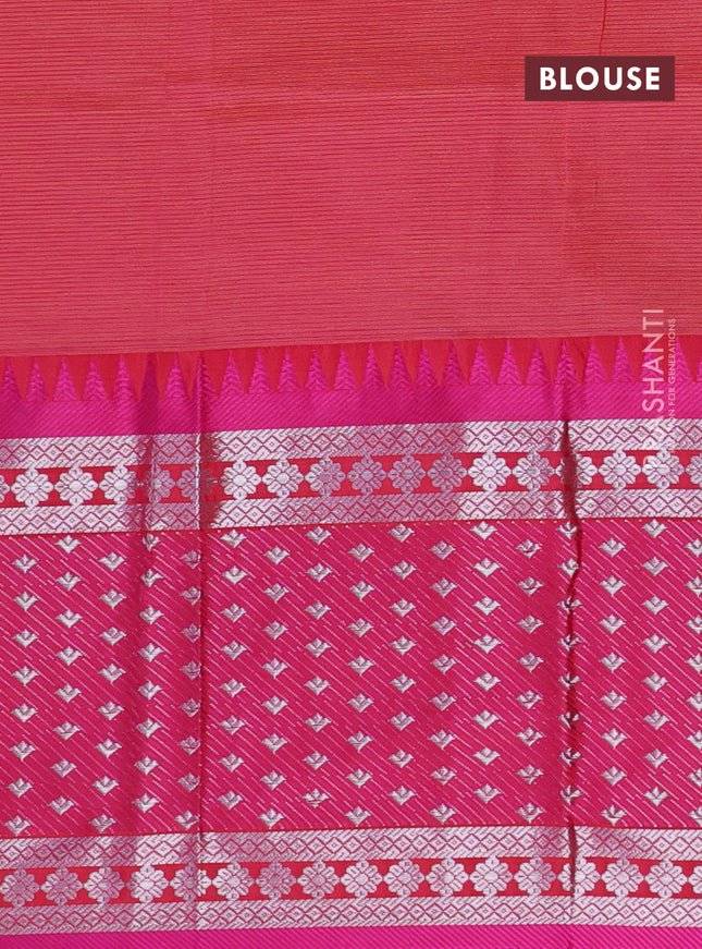 Semi mangalgiri silk saree green and pink with plain body and long temple design silver zari woven border