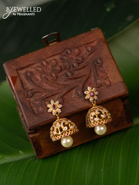 Antique jhumka with pink kemp & cz stones and pearl hanging