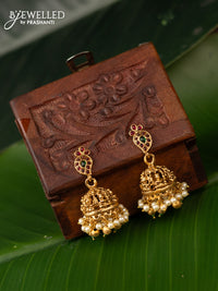 Antique jhumka manga design with kemp stones and pearl & golden beads hanging