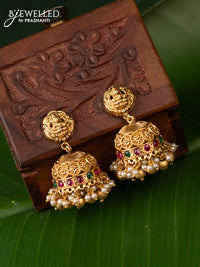 Antique jhumka lakshmi design with kemp stones and pearl & golden beads hanging