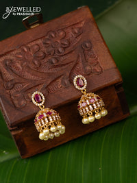 Antique jhumka with pink kemp & cz stones and pearl hangings
